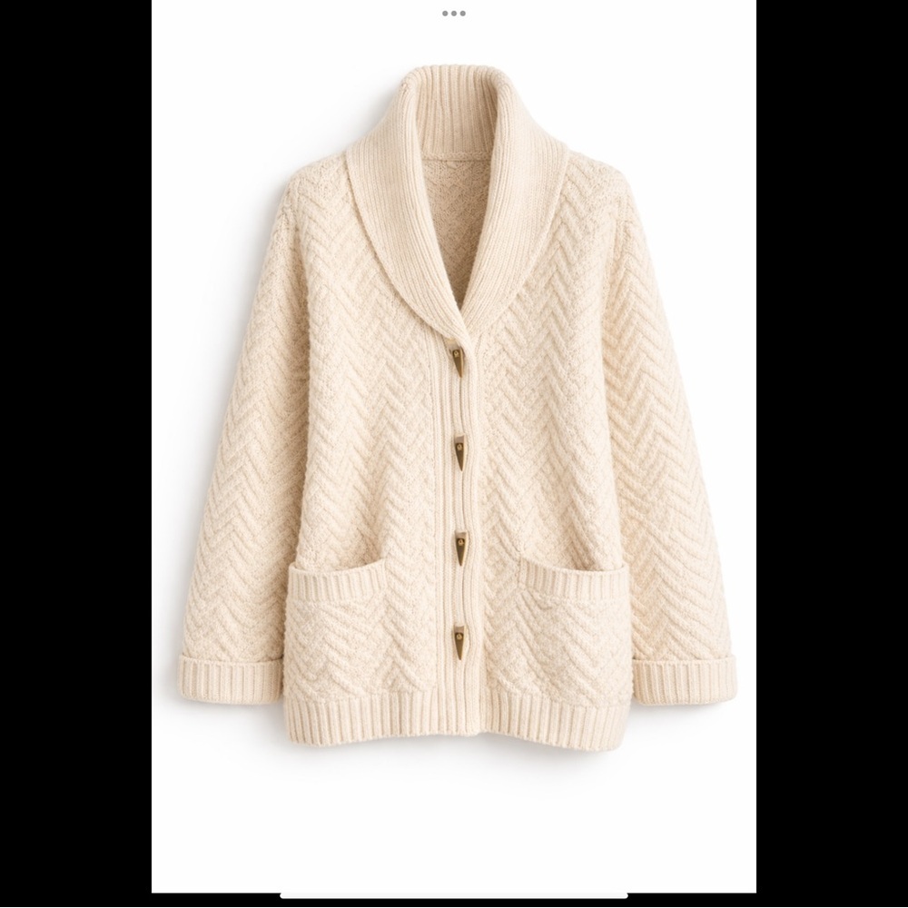 Nordic Design 100% Wool Shawl Collar Cardigan Cream Chunky Knit L - Picture 2 of 14